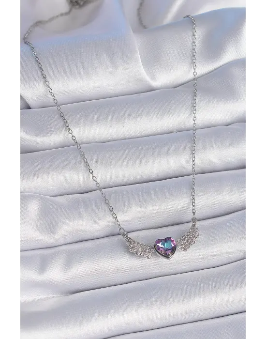  Zincir Gümüş  Mor Zirkon Taşlı Kanatlı Kalp Model  Çelik Kolye