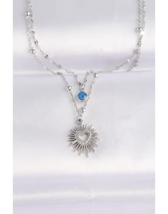  Zincir Gümüş  Nazar Boncuk Detay Kalp Güneşi Çelik Kolye