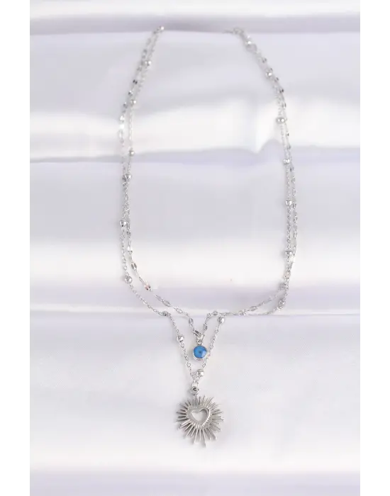  Zincir Gümüş  Nazar Boncuk Detay Kalp Güneşi Çelik Kolye