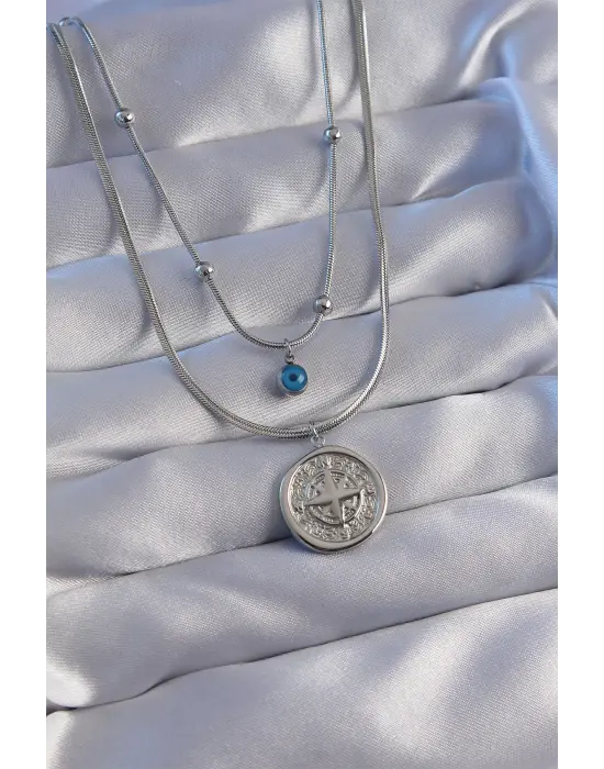  Zincir Gümüş  Nazar Boncuklu İtalyan Zincirli 2li Pusula Çelik Kolye