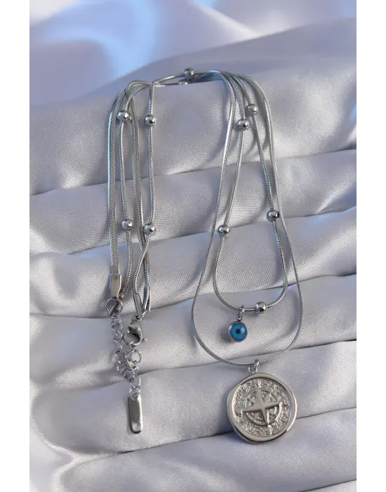  Zincir Gümüş  Nazar Boncuklu İtalyan Zincirli 2li Pusula Çelik Kolye