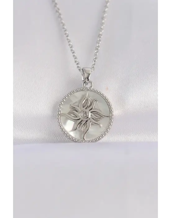  Zincir Gümüş  Oval Tasarımlı Güneş Çelik Kolye