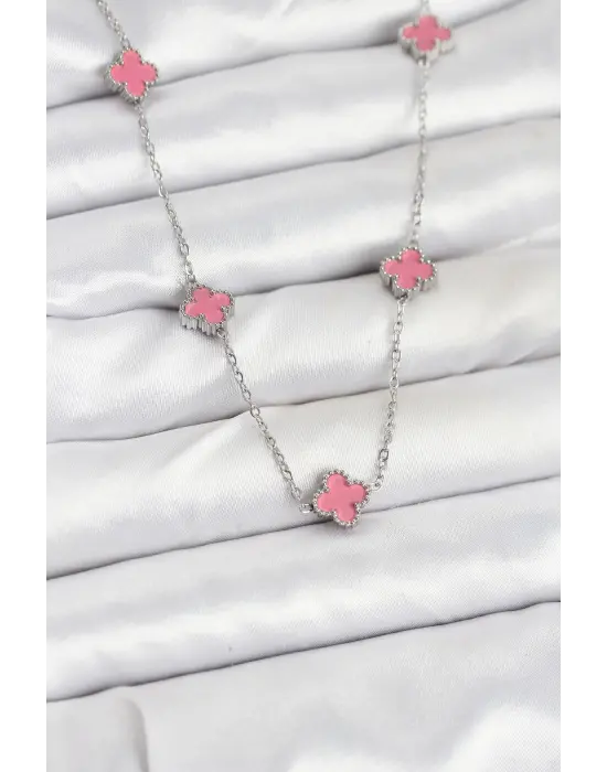 316L Çelik Zincir Gümüş Renk Pembe Baby Boy Yonca Kadın Kolye