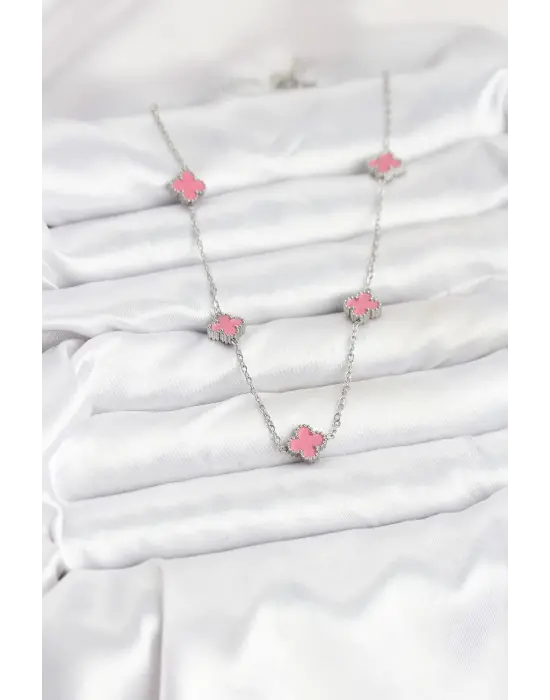 316L Çelik Zincir Gümüş Renk Pembe Baby Boy Yonca Kadın Kolye