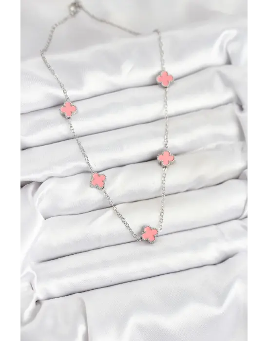 316L Çelik Zincir Gümüş Renk Pembe Baby Boy Yonca Kadın Kolye