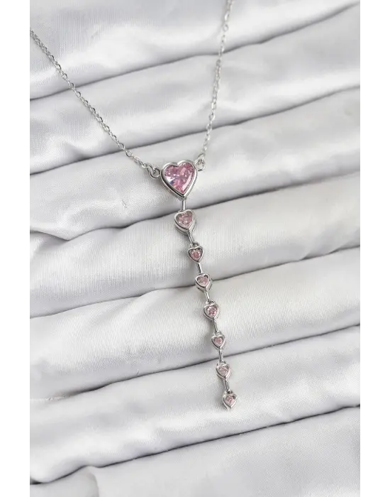 316L Çelik Zincir Gümüş Renk Pembe Kalp Kadın Kolye