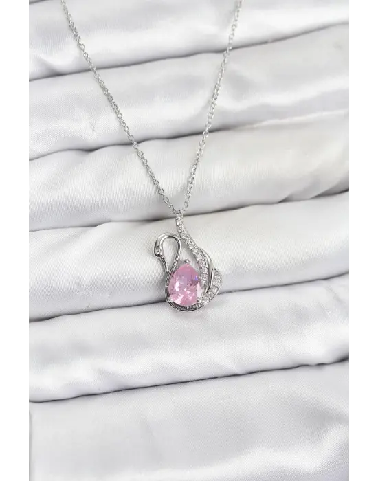 316L Çelik Zincir Gümüş Renk Pembe Kuğu Model Zirkon Taşlı Kadın Kolye