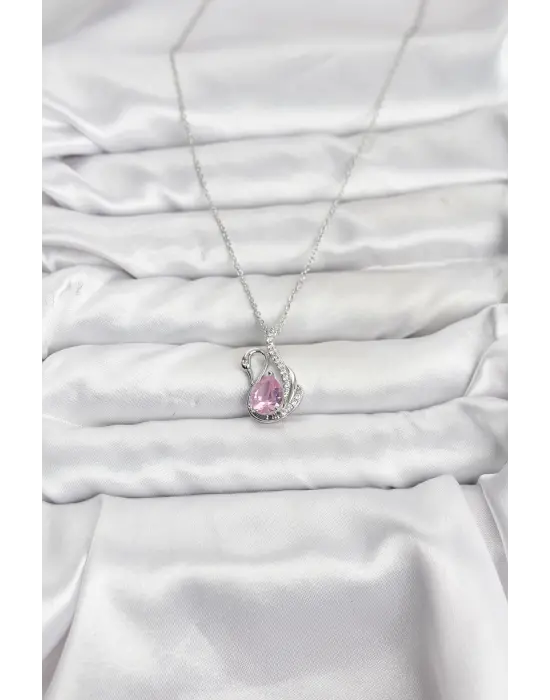 316L Çelik Zincir Gümüş Renk Pembe Kuğu Model Zirkon Taşlı Kadın Kolye