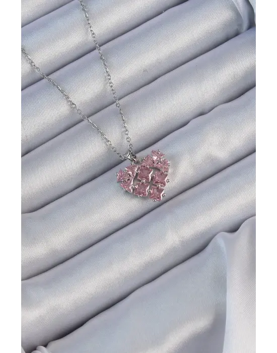  Zincir Gümüş  Pembe Parçalı Zirkon Taşlı Kalp Çelik Kolye