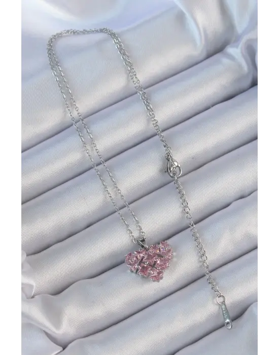 Zincir Gümüş  Pembe Parçalı Zirkon Taşlı Kalp Çelik Kolye
