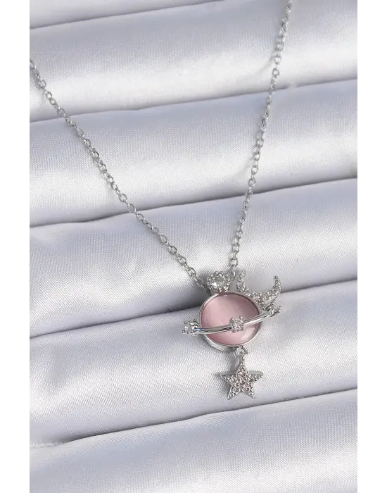  Zincir Gümüş  Pembe Sedefli Gezegen Model Zirkon Taşlı Ay Yıldız Model  Çelik Kolye