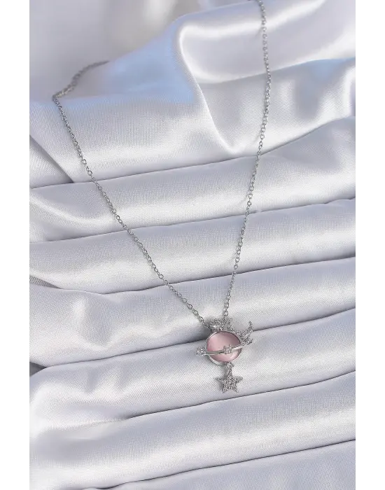  Zincir Gümüş  Pembe Sedefli Gezegen Model Zirkon Taşlı Ay Yıldız Model  Çelik Kolye