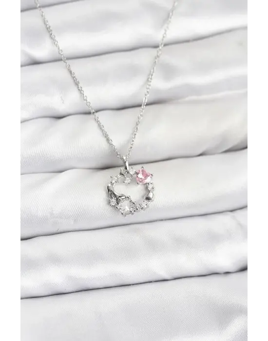 316L Çelik Zincir Gümüş Renk Pembe Taş Detaylı Çelenk Model Kadın Kolye