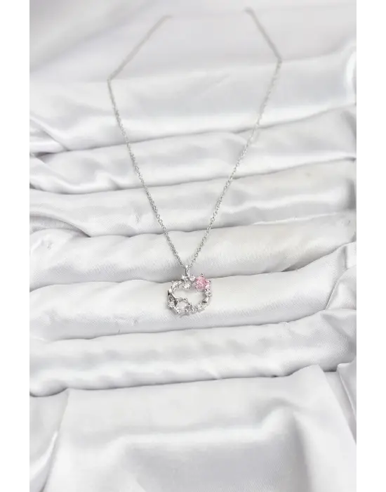 316L Çelik Zincir Gümüş Renk Pembe Taş Detaylı Çelenk Model Kadın Kolye