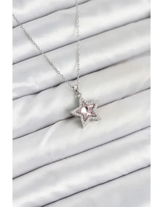 316L Çelik Zincir Gümüş Renk Pembe Taşlı Yıldız Model Kadın Kolye