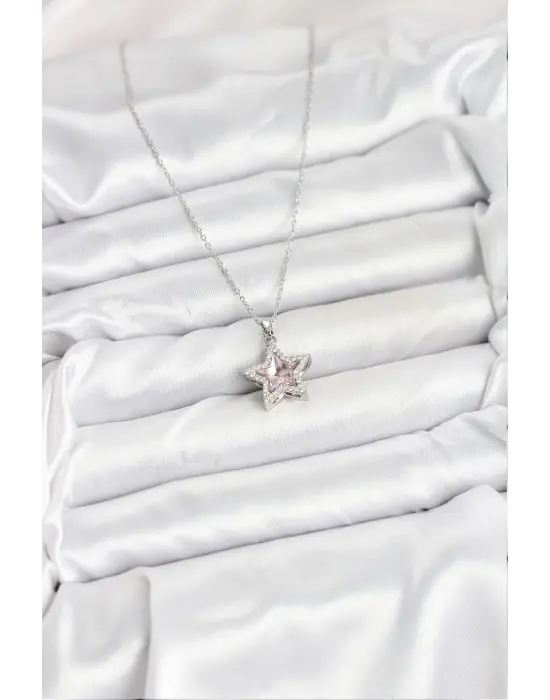 316L Çelik Zincir Gümüş Renk Pembe Taşlı Yıldız Model Kadın Kolye