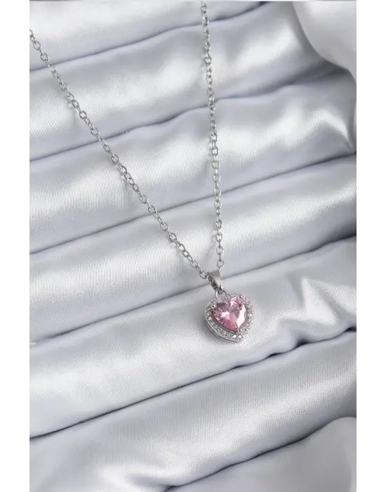  Zincir Gümüş  Pembe Zirkon Taş Charm Model  Çelik Kolye