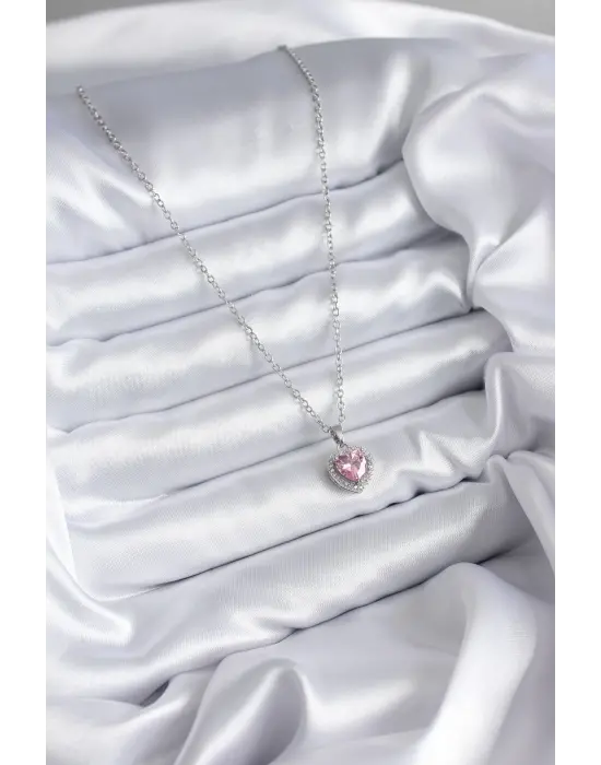  Zincir Gümüş  Pembe Zirkon Taş Charm Model  Çelik Kolye