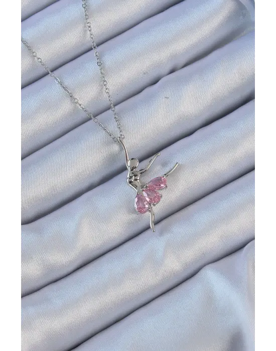  Zincir Gümüş  Pembe Zirkon Taşlı Balerin Çelik Kolye
