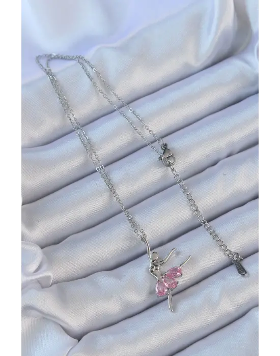  Zincir Gümüş  Pembe Zirkon Taşlı Balerin Çelik Kolye