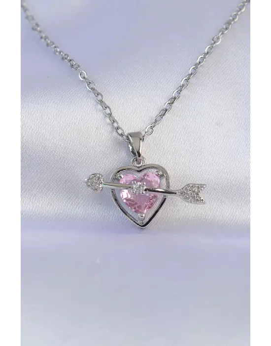  Zincir Gümüş  Pembe Zirkon Taşlı Eros Çelik Kolye