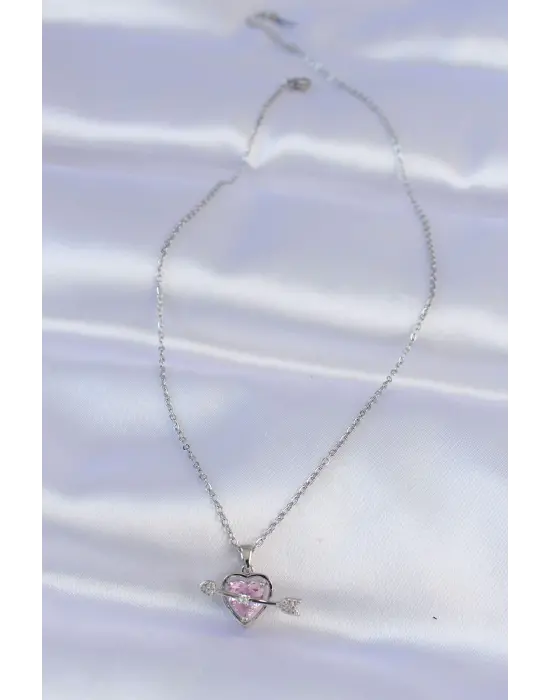  Zincir Gümüş  Pembe Zirkon Taşlı Eros Çelik Kolye