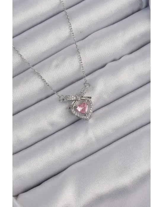  Zincir Gümüş  Pembe Zirkon Taşlı Fiyonklu Kalp Çelik Kolye