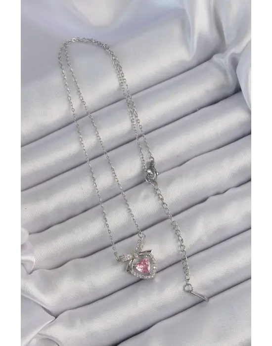  Zincir Gümüş  Pembe Zirkon Taşlı Fiyonklu Kalp Çelik Kolye