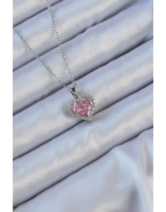  Zincir Gümüş  Pembe Zirkon Taşlı Kalp Çelik Kolye
