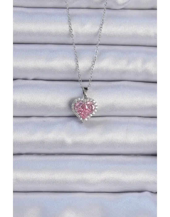  Zincir Gümüş  Pembe Zirkon Taşlı Kalp Çelik Kolye