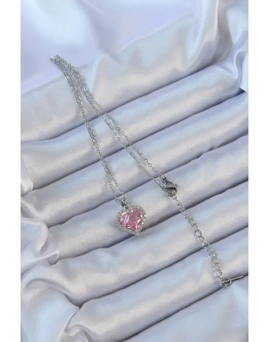  Zincir Gümüş  Pembe Zirkon Taşlı Kalp Çelik Kolye