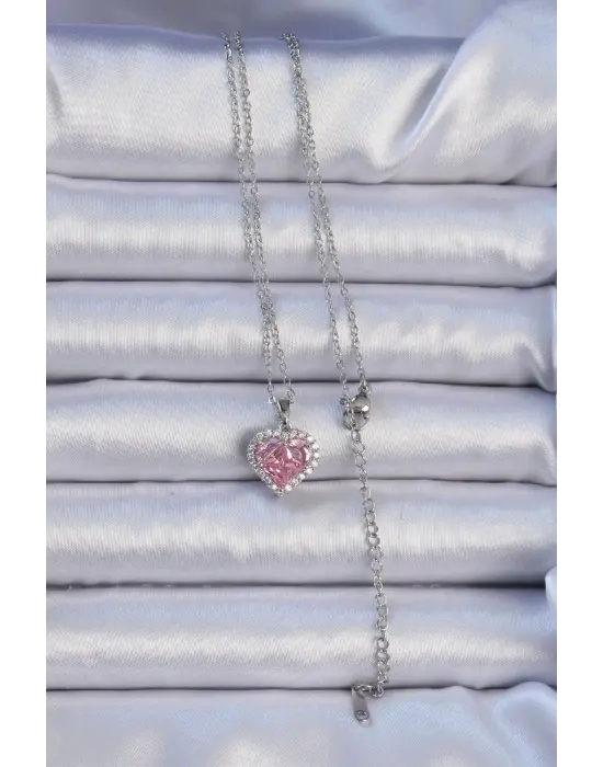  Zincir Gümüş  Pembe Zirkon Taşlı Kalp Çelik Kolye