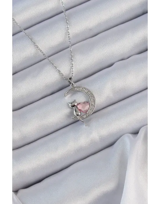  Zincir Gümüş  Pembe Zirkon Taşlı Kedili Ay Çelik Kolye