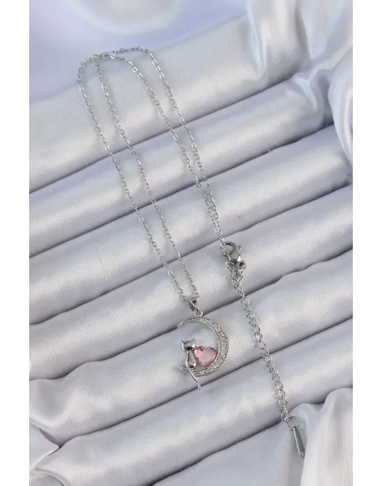  Zincir Gümüş  Pembe Zirkon Taşlı Kedili Ay Çelik Kolye