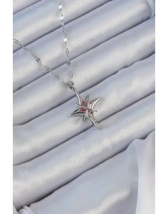  Zincir Gümüş  Pembe Zirkon Taşlı Kutup Yıldızı Çelik Kolye
