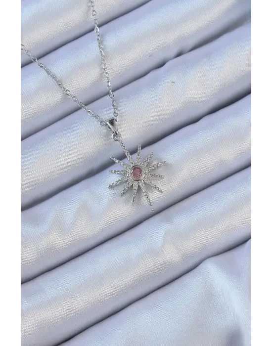  Zincir Gümüş  Pembe Zirkon Taşlı Kutup Yıldızı Çelik Kolye