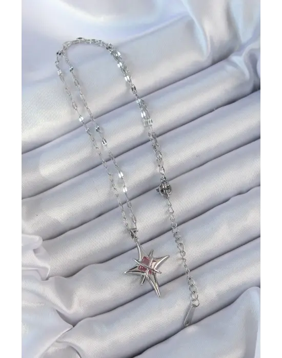  Zincir Gümüş  Pembe Zirkon Taşlı Kutup Yıldızı Çelik Kolye
