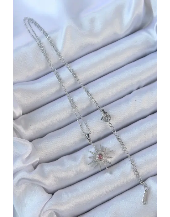  Zincir Gümüş  Pembe Zirkon Taşlı Kutup Yıldızı Çelik Kolye