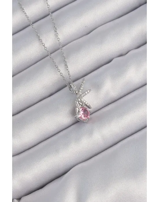  Zincir Gümüş  Pembe Zirkon Taşlı Peri Çelik Kolye