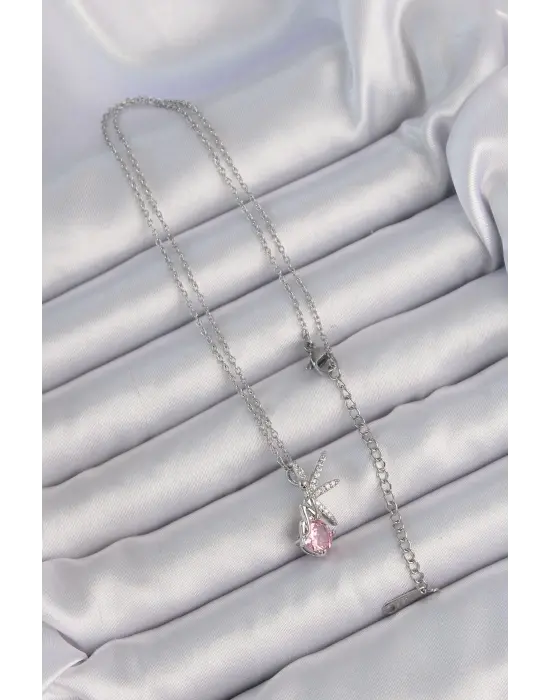  Zincir Gümüş  Pembe Zirkon Taşlı Peri Çelik Kolye