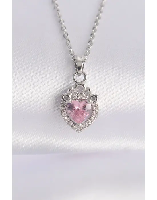  Zincir Gümüş  Pembe Zirkon Taşlı Rapunzel Çelik Kolye