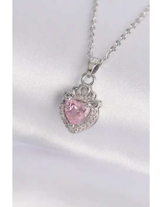  Zincir Gümüş  Pembe Zirkon Taşlı Rapunzel Çelik Kolye