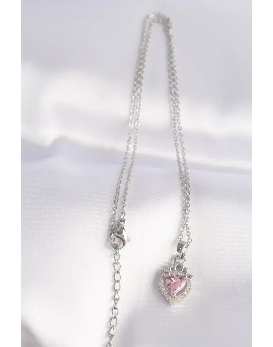  Zincir Gümüş  Pembe Zirkon Taşlı Rapunzel Çelik Kolye