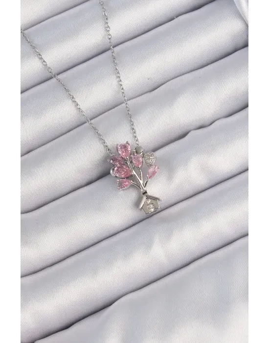  Zincir Gümüş  Pembe Zirkon Taşlı Uçan Ev Çelik Kolye