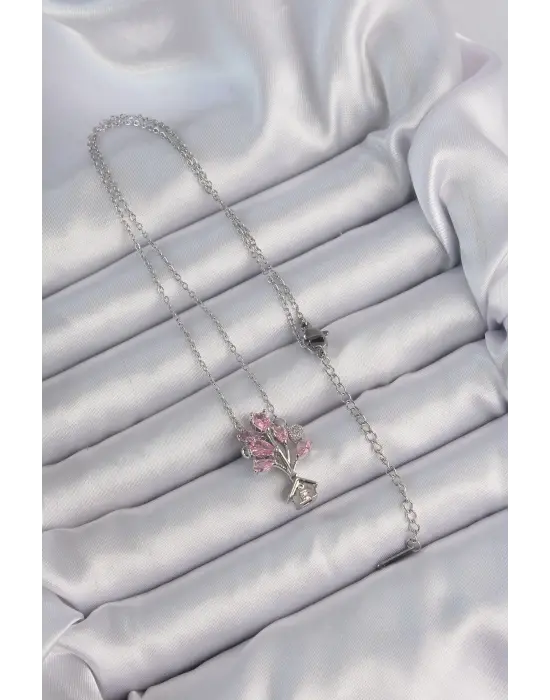  Zincir Gümüş  Pembe Zirkon Taşlı Uçan Ev Çelik Kolye