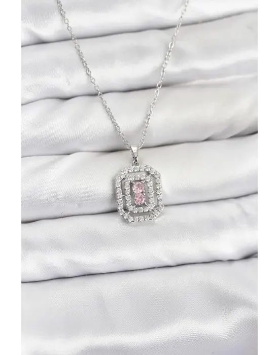 316L Çelik Zincir Gümüş Renk Plaka Model Zirkon Taşlı Kadın Kolye