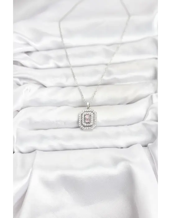 316L Çelik Zincir Gümüş Renk Plaka Model Zirkon Taşlı Kadın Kolye