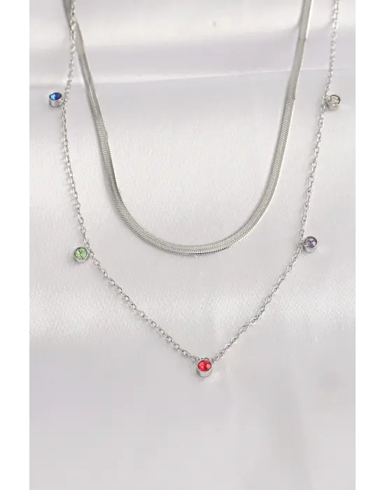  Zincir Gümüş  li Zirkon Taşlı 2li Çelik Kolye