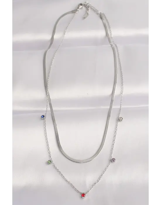  Zincir Gümüş  li Zirkon Taşlı 2li Çelik Kolye