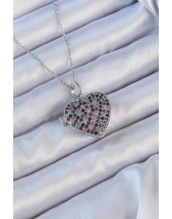  Zincir Gümüş  li Zirkon Taşlı İçi Açılan Bombeli Kalp Çelik Kolye